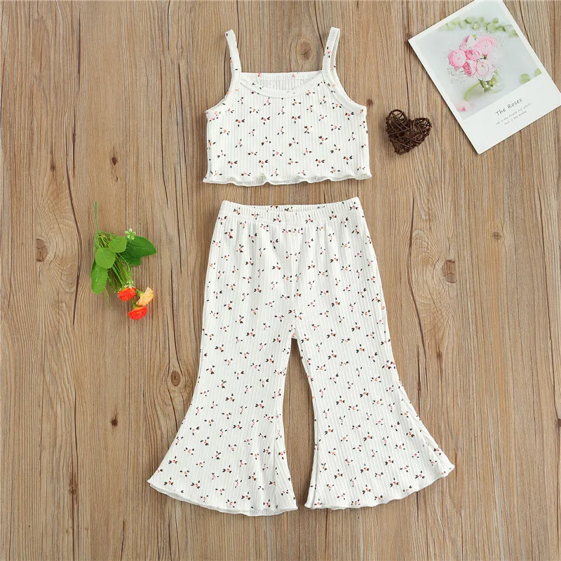 4 Colors Lovely Children Girls Summer Clothes Toddler Kids Girls Ribbed Flower Sleeveless Tanks Tops+Flare Pants Casual Outfits images - 6
