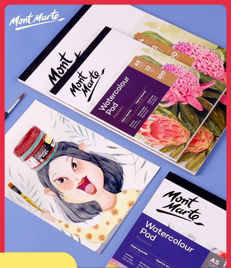 

1pc Mont Marte Watercolour Book Pad Wood/Cotton Pulp Paper A3/A4/A5 Art Drawing Coloring Sketchbook 15 Sheets Coarse Grain