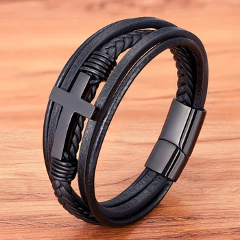 Cross Design Classic Stainless Steel Men's Leather Bracelet 1