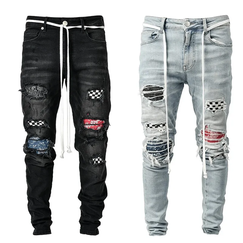 Men Hot Skinny Jeans Ripped Grid Patchwork Stretch Denim Pants Elastic Hip-Hop Jogging Pencil Pants 2020 Men's Clothing