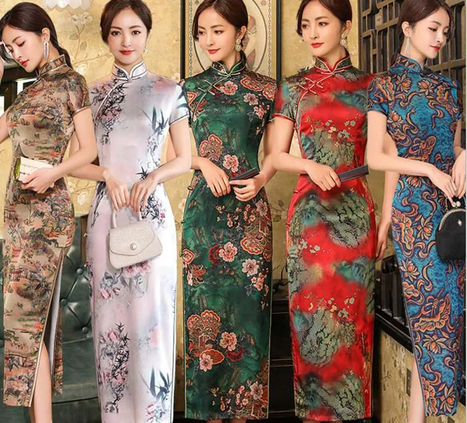 

Wholesale free shipping chinese style long cheongsam women's satin dress beautiful fashion ladies evening party dresses
