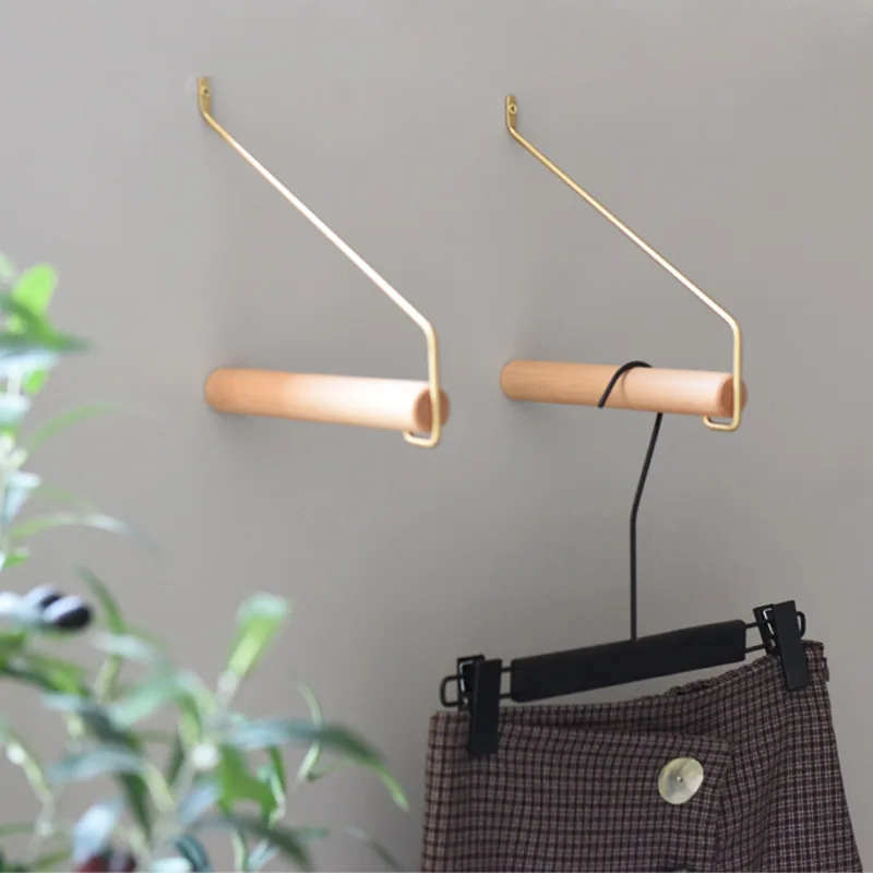 

Scandinavian Minimalist Japanese Style Delicacy Wall Clothes Hook Clothes Rack Sub-Brass Solid Wood Clothesline Pole Bedroom Clo