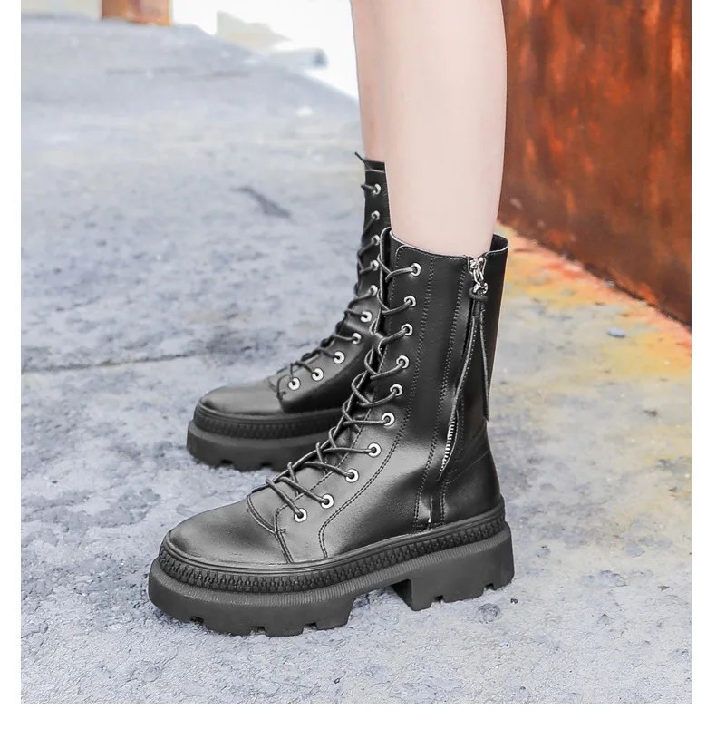 Winter Genuine Leather Chunky Motorcycle Boots Women Autumn Fashion Round Toe Lace-up Combat Military Boots Ladies Shoes