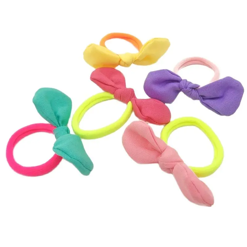 

5PCS Girls Headwear Mix Color Bow Elastic Gum Rabbit Ears Hair Accessories Ponytail Holder Rubber Bands Ropes