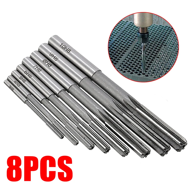 

8PCS 3/4/5/6/7/8/9/10mm HSS Hand Reamer Kit Straight Shank H8 Chucking Reamers Set Cutter Tool For Bore Machine