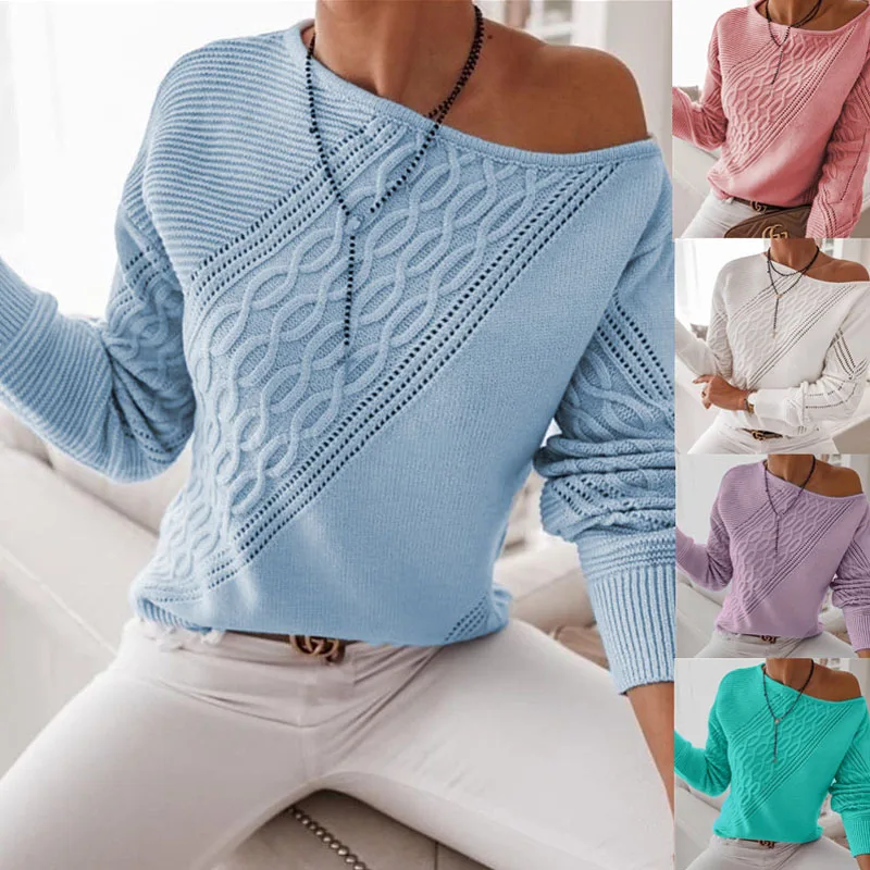 

Women Sexy Twill Off Shoulder Sexy knitted Sweaters Autumn Winter Fashion Casual O-Neck Solid Long Sleeve Jumpers Streetwear Top