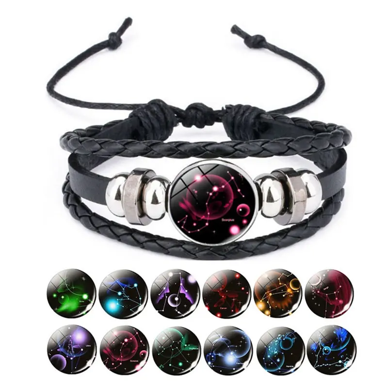 

12 Constellation Bracelet Gemini Cancer Leo Virgo Libra Scorpio Leather Goth Bracelets Zodiac Bangle For Men Women Gift Jewelry