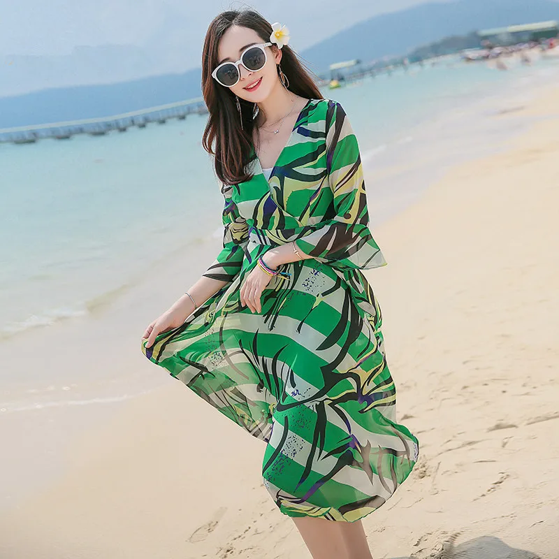 Chiffon Neck V Robe Femme Slim Bohemian Holiday Beach Dress Female Floral Summer Dresses For Women Vestidos Mujer FYY497 es | Женская