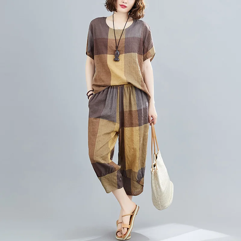 Комплект тонкой женской одежды из мягкого хлопка и льна свободный топ брюки