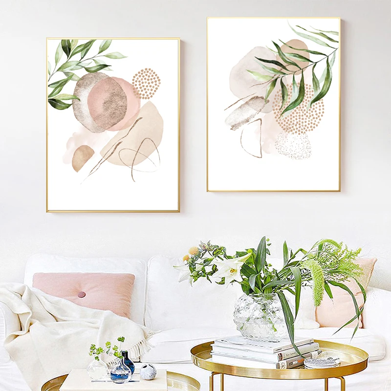 Синие и золотые современные абстрактные листья холст живопись растения принты