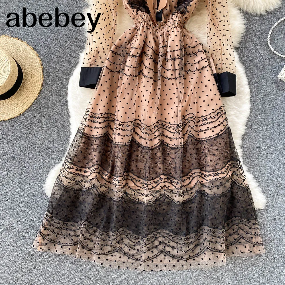 Женское Сетчатое платье миди в горошек элегантное платье-трапеция во