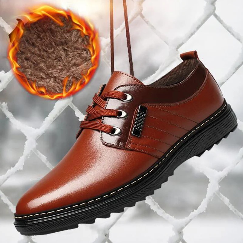 

Men's Pu Leather Shoes Winter Thicken Warm Business Office Shoes Men Low-top Lace-up Casual Shoes Cozy Outdoor Men Shoes Zapatos