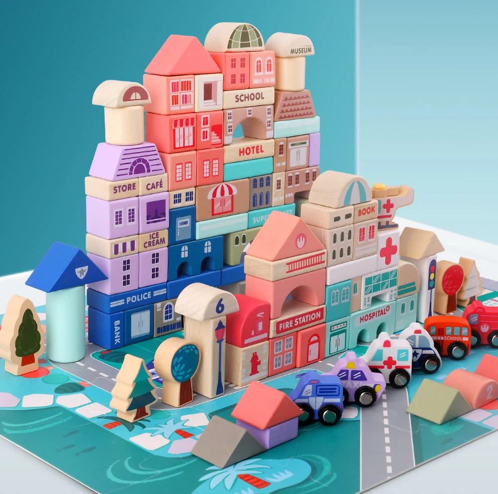 Высокое качество, 115 шт., деревянные строительные блоки Macaron City, большие частицы, детские развивающие игрушки, детская игрушка для боя, блок, подарки