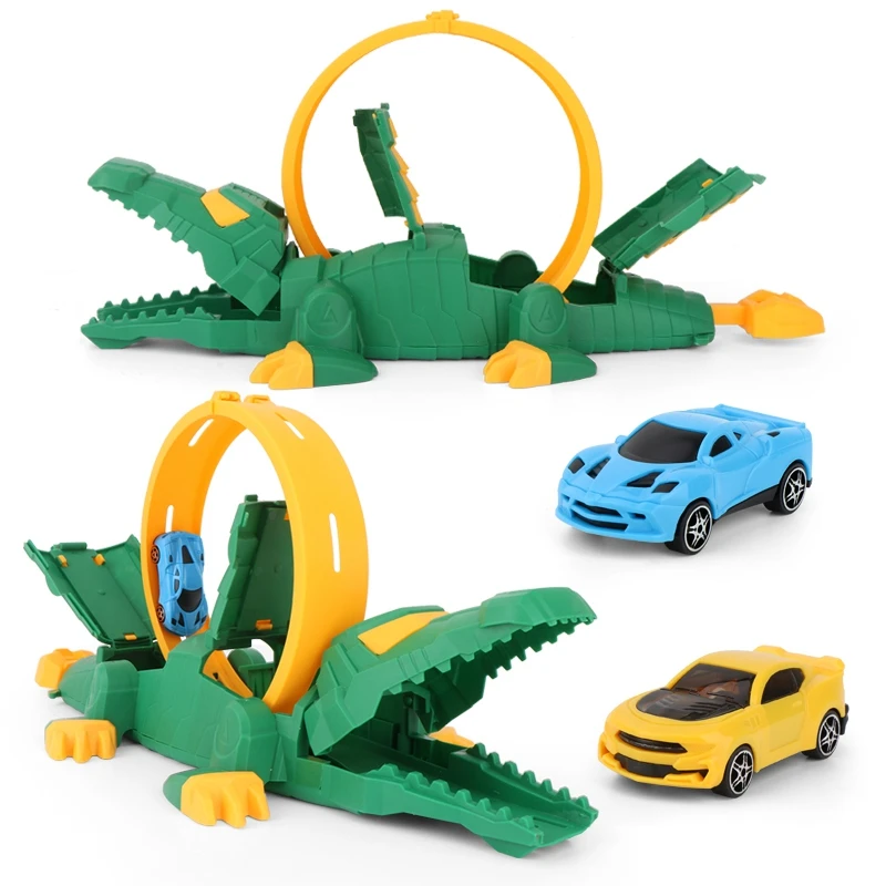 

Children DIY Toy Model Crocodile Track Pull Back Car Flexible Track Car Toys Children Racing Bend Car with 2 Cars
