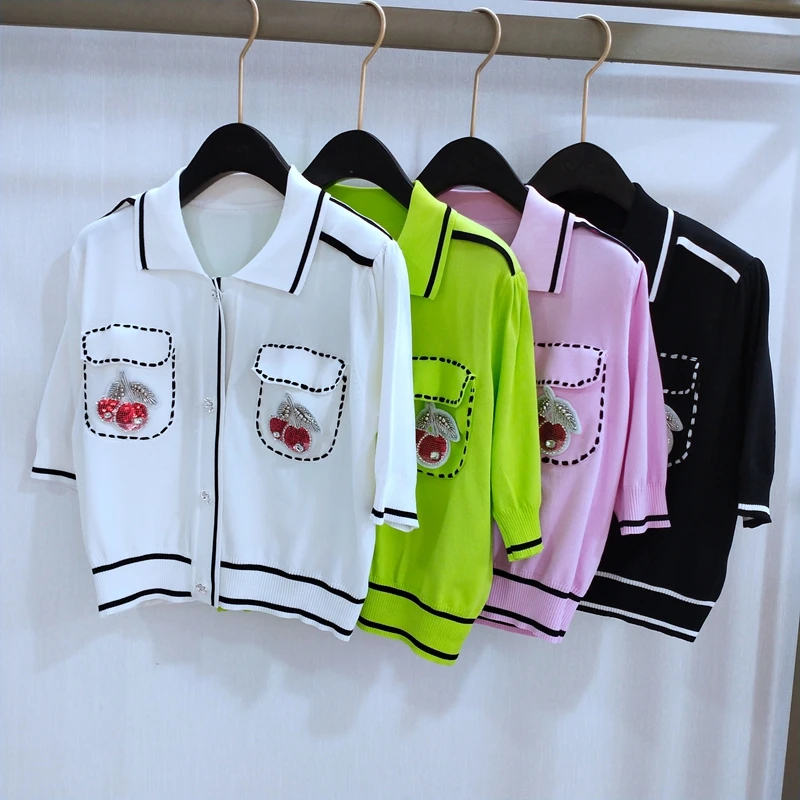 

Лето 2021 Модные женские сладкие этикетки волнистым воротником, вязаные Топы И Футболки B133