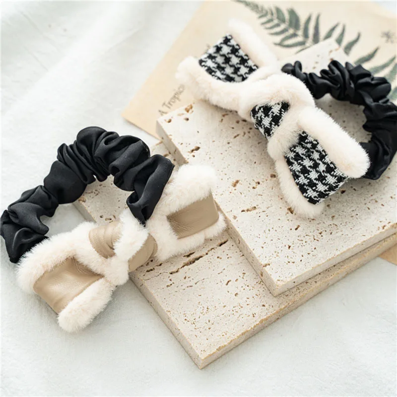 

Autumn Winter New Lattice Scrunchies Big Bow Hair Rope Sweet Wide Brim Hair Accessories Faux Rabbit Fur Leather Plaid Hair Ring