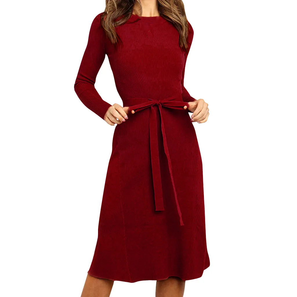 Женское трикотажное платье-свитер с длинным рукавом средней длины | Женская
