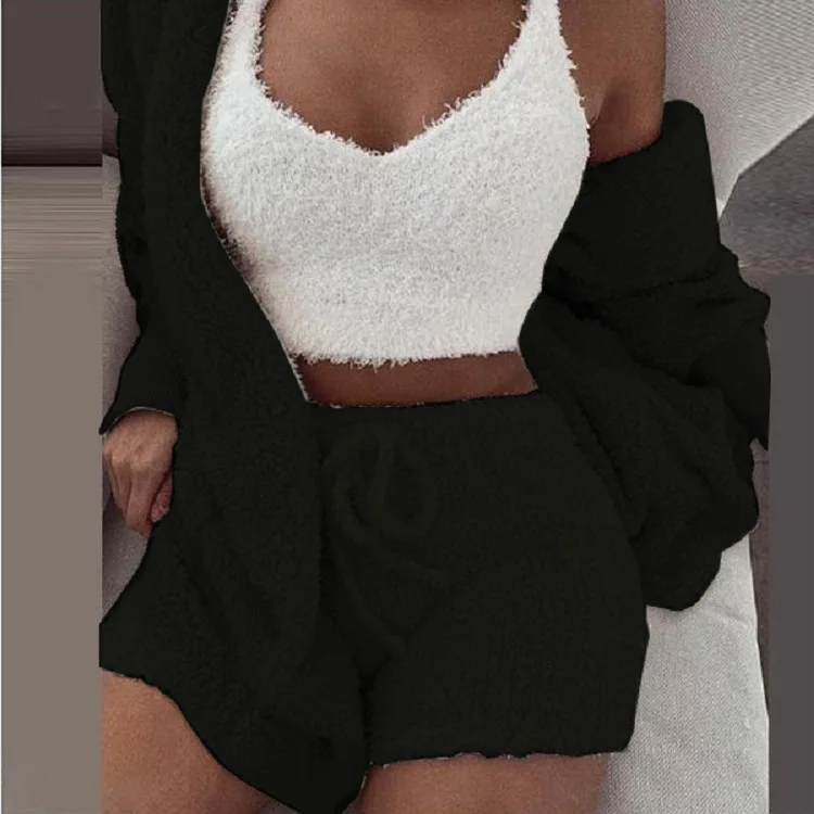 

Echoine 3 piece Set Winter Autumn Fur Shorts Set Outwear Hoodies Coat Trap Crop Top Streetwear Outfits Women Pajamas Homewear