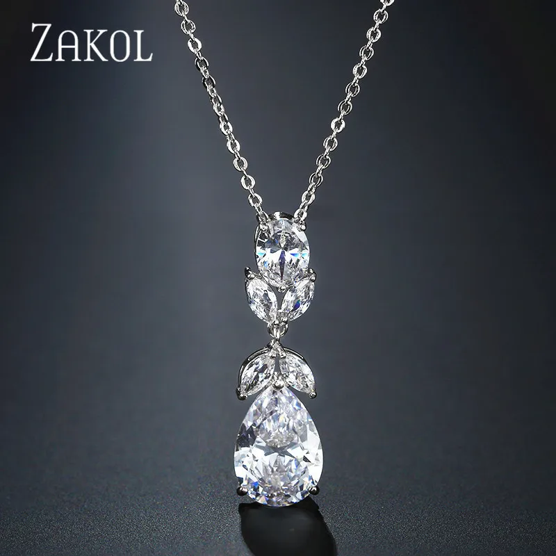 White Color ZAKOL Элегантное ожерелье в форме капли воды с кулоном из кубического циркония для невесты модные свадебные украшения FSNP2081 - Окраска металла: White Color