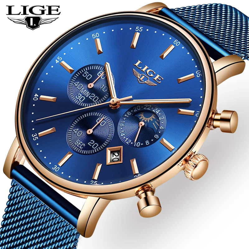 Часы наручные LIGE Мужские кварцевые модные брендовые Роскошные