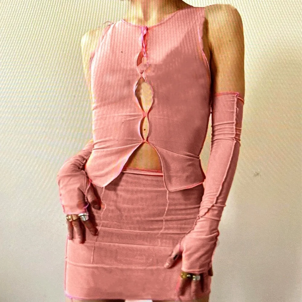 

Women Fashion Summer Two Piece Set Solid Spliced Suit Sexy Slim Hollow Out Tank Top Vest High Waisted Skirt Suit with Cuff