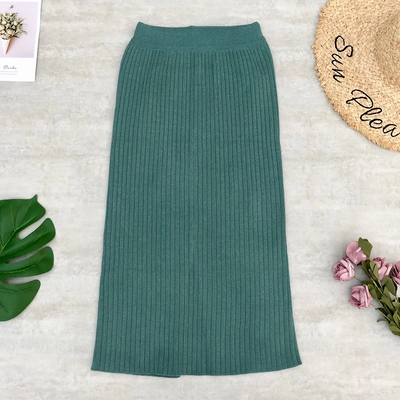 dark green Осень-зима, женская вязаная шерстяная прямая Длинная юбка с высокой талией, эластичная однотонная Полосатая юбка миди - Цвет: dark green
