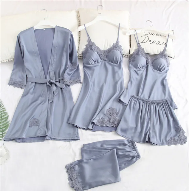 

Women 5 Pieces Pajamas Set Sexy Lace Silk Stain Sling Lady Sleepwear Homewear Pyjamas Top Shorts Pants Spring Summer Autumn 2020