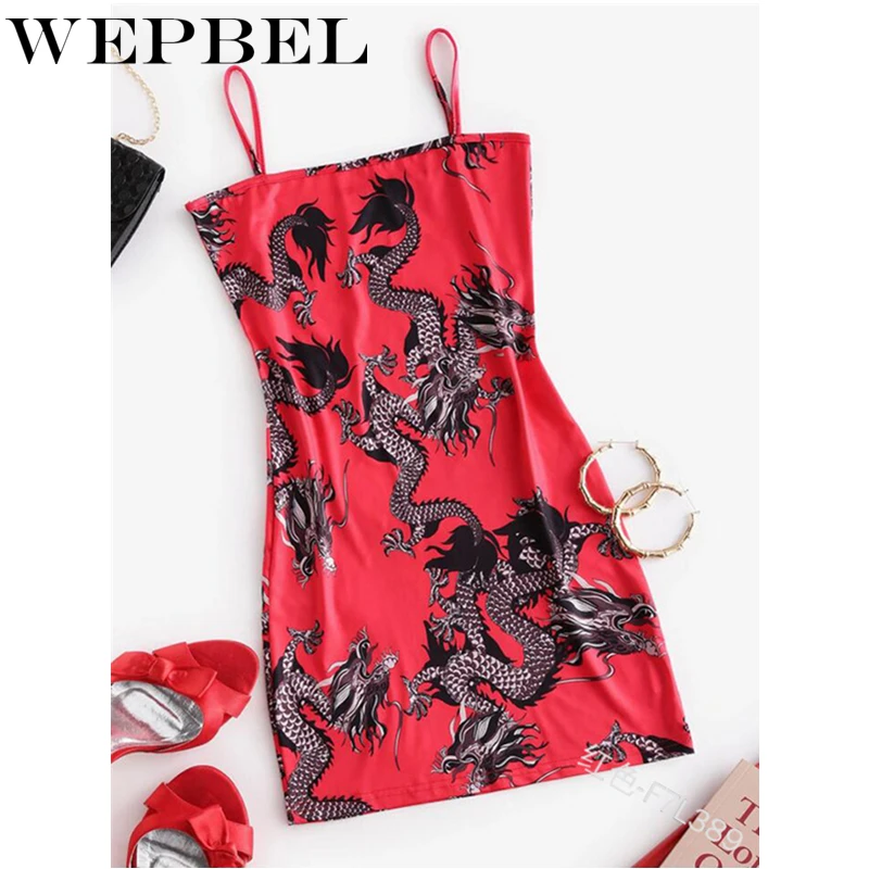 

WEPBEL Women Summer Vintage Skinny Dragon Print Spaghetti Strap Pencil Dress Ladies Elegant Sleeveless Halter High Waist Dress