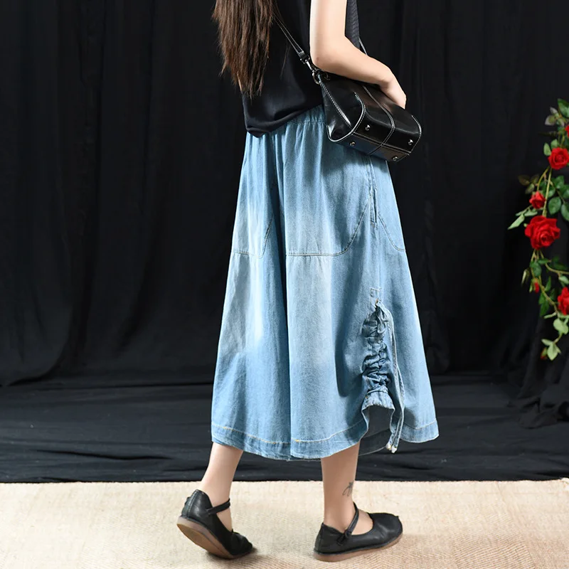 Ретро Художественная Мода боковые джинсы в гармошку эластичная талия широкие брюки юбка укороченные