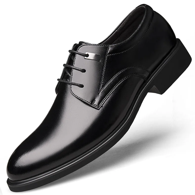 Leather black Misalwa/мужские кожаные офисные туфли; классические мужские туфли в стиле дерби; свадебные туфли в британском стиле, увеличивающие рост; большие размеры 36-49 - Цвет: Leather black