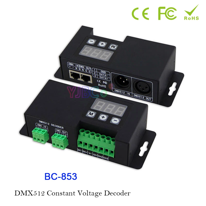 

DC 12V-24V CV PWM DMX512/1990 Signal Decoder BC-853 DMX RGB LED Strip Controller 6A*3CH Output Dimmer For RGB Lights Tape