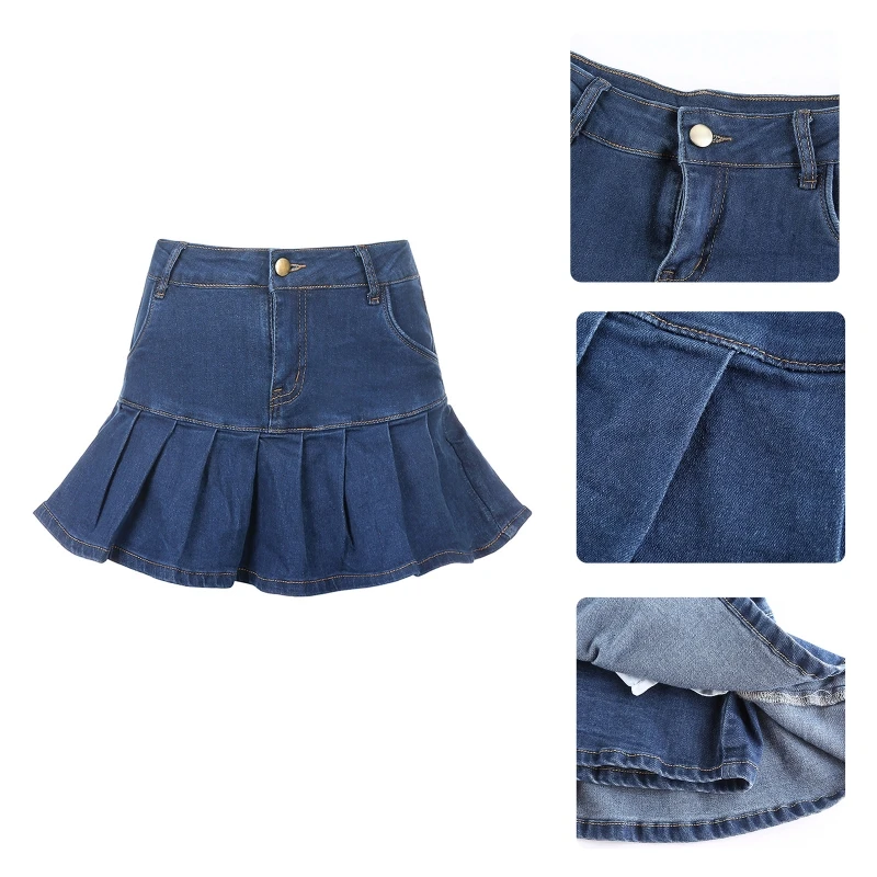 

Women Sexy High Waist Pleated Ruffles Mini Denim Skater Skirt Harajuku Solid Color Lolita Summer Slim Swing Streetwear