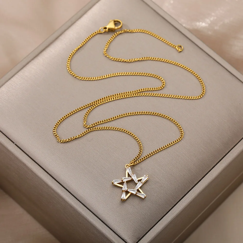 

Exquisite Zircon Hollow Pentagram Pendant Necklace For Women Fashion Charm Crystal Star Necklace Jewelry Gift For Best Friend