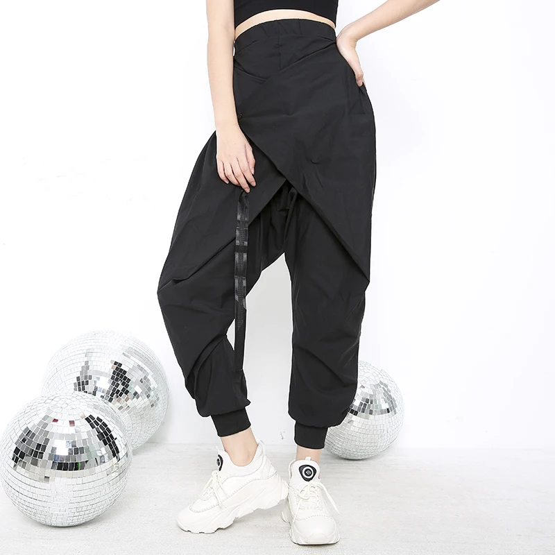 

[EAM] High Elastic Waist Black Ribbon Leisure Long Harem Trousers New Loose Fit Pants Women Fashion Spring Autumn 2021 LA9820