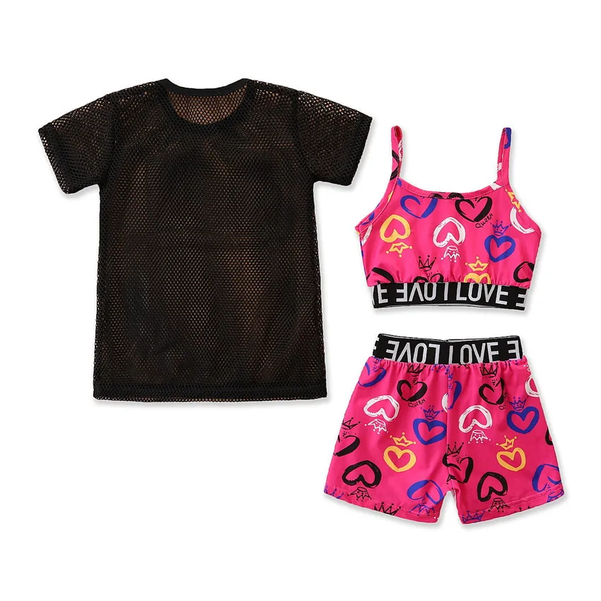 

Summer Girls Sports Suit Net Shirt + Suspenders + Shorts Printing Children's Three-piece Suit Outdoor Leisure Travel Beach 2021