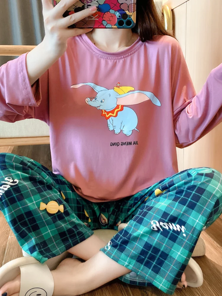 2 Pieces Set Soft Autumn Summer Women Pajamas Sets Minne Mouse Printed Sleepwear Tops and Pants Female Leisure Nightwear Suit