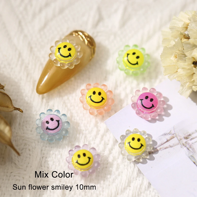 

Resin Smiley Face Nail Art Decoration Transparent Multi-Color Sunflower 10mm Flat Back 3D Fingernail DIY Accessories