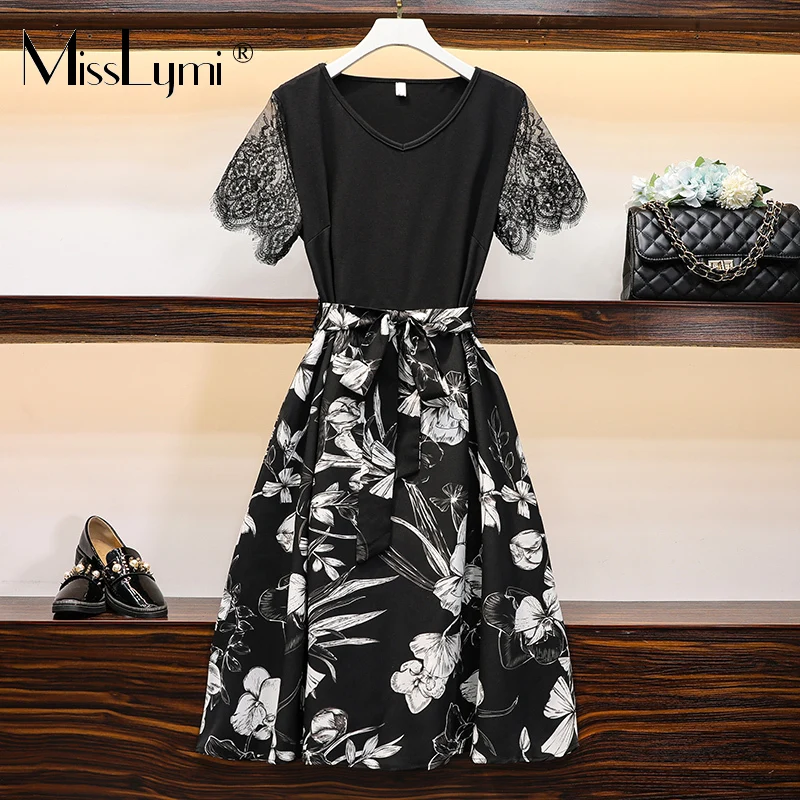 

L-5XL Plus Size Women Vintage Print Elegant Dress Summer 2021 Korean V-neck Lace Patchwork Short Sleeve Belt A-line Dress Female