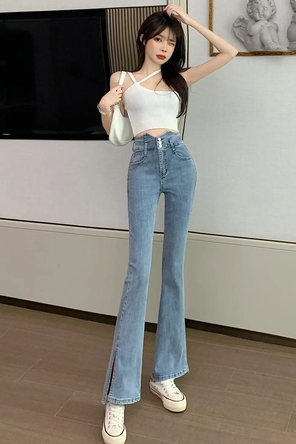 

Женские осенние штаны с высокой талией, тонкие широкие штаны, штаны с микрогудком для швабры, новинка 2021 года