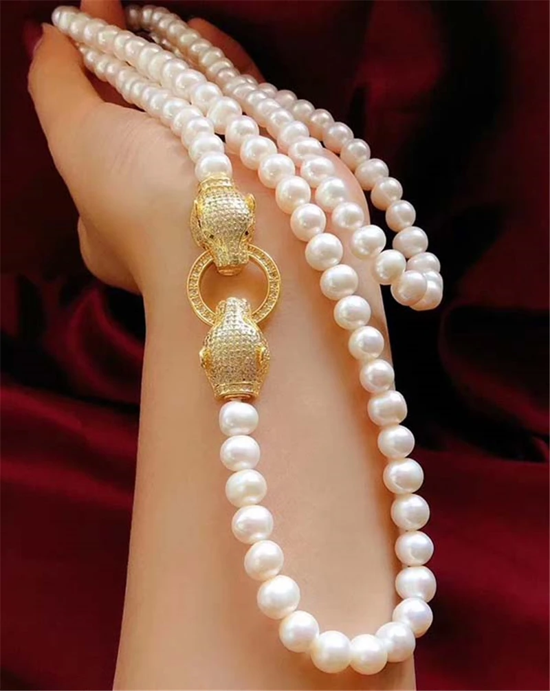 

HABITOO Luxury Double Leopard Head Cubic Zircon Clasp Natural 9-10mm White Freshwater Cultured Pearl Choker Necklace for Women