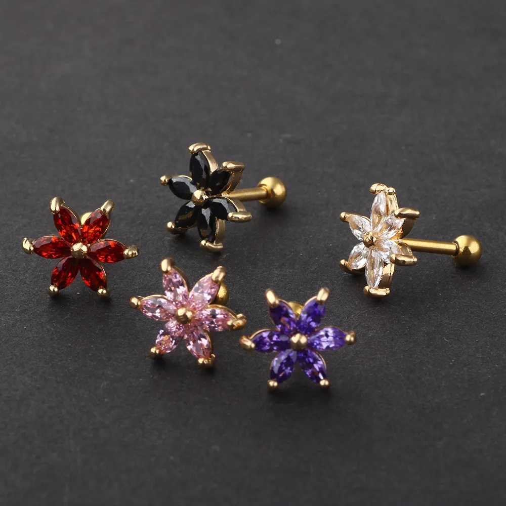 Белый розовый фиолетовый Cz цветок пирсинг спираль серьги Надеваемые На ушной