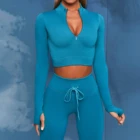 Бесшовный спортивный комплект на молнии, Женский комплект из двух предметов, короткий топ, рубашка, шорты с кулиской, тренировочный костюм, комплект для йоги, одежда для спортзала