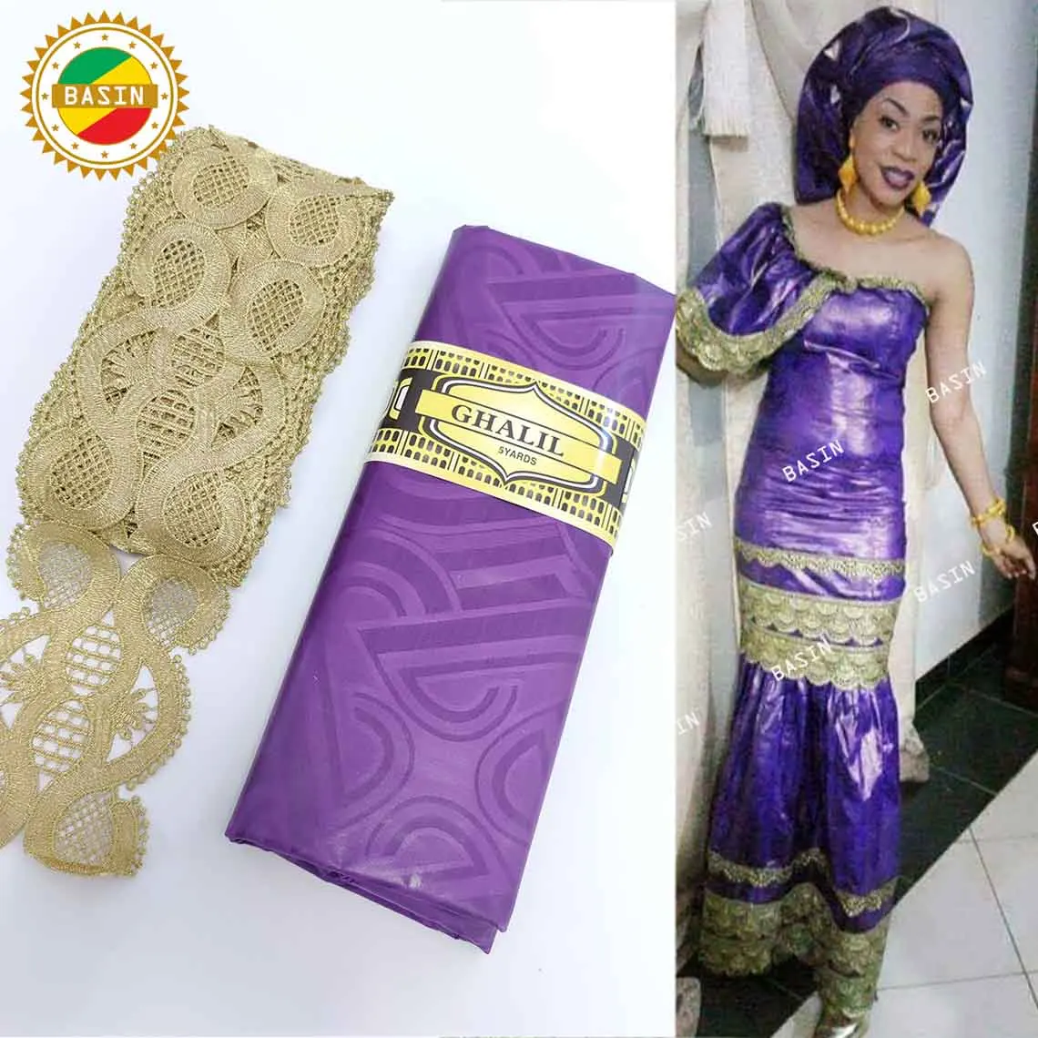 

Gold And Purple Ribbon For Craftes With Guipure And Bazin Riche Fabric For Daily Party Dresses Top Quality Bazin Riche Brocade