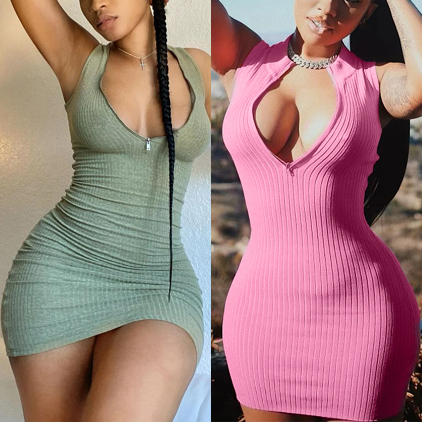 

Пикантное женское летнее платье без рукавов, модное однотонное облегающее короткое платье на молнии с V-образным вырезом и средней талией, ...