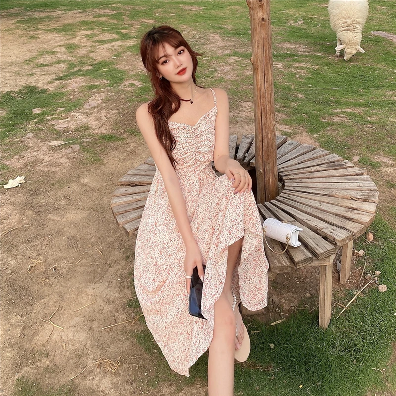 

Summer 2021 New Student Mori Style A- line Dress Waist Slimming Mid-Length Floral Strap Dress Women's Skirt