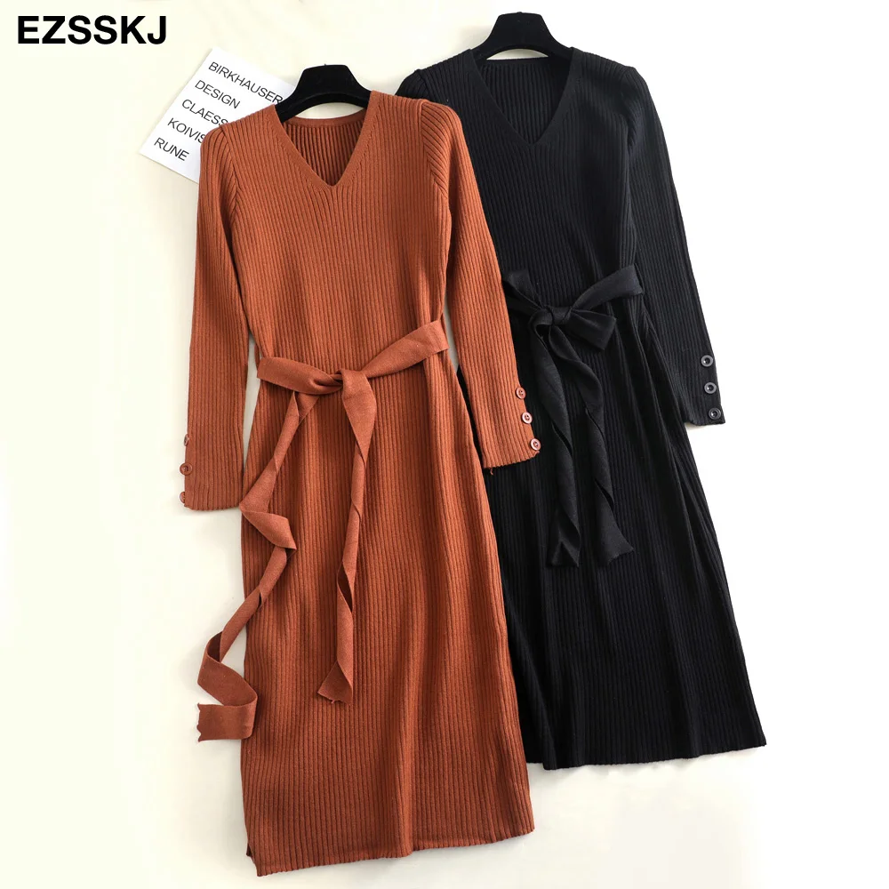 Женское трикотажное платье свитер с V образным вырезом и поясом|Женские платья| |