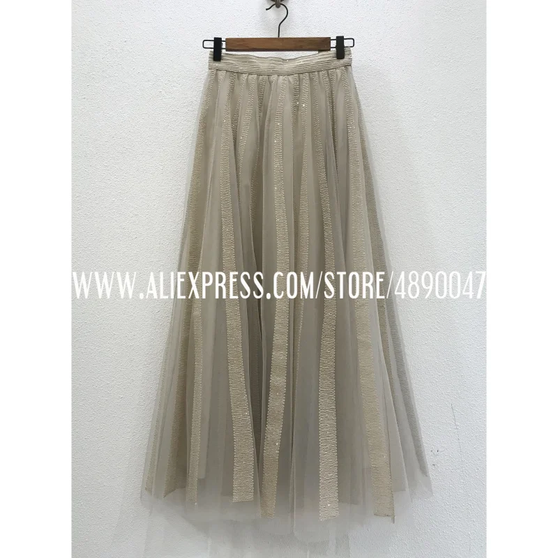 

Striped embroidered sequin skirt light luxury high-quality women's high-waisted puffy mesh skirt elegant gentle Umbrella skirt