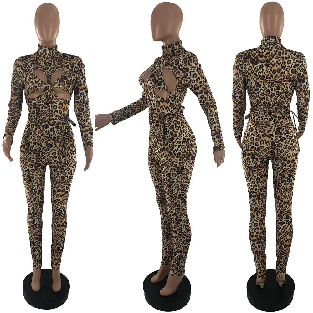 

Women Jumpsuit Cheetah Leopard Print Vintage One Piece Overall Sexy Hollow Front Full Sleeve Skinny Active Wear Party Bodysuits
