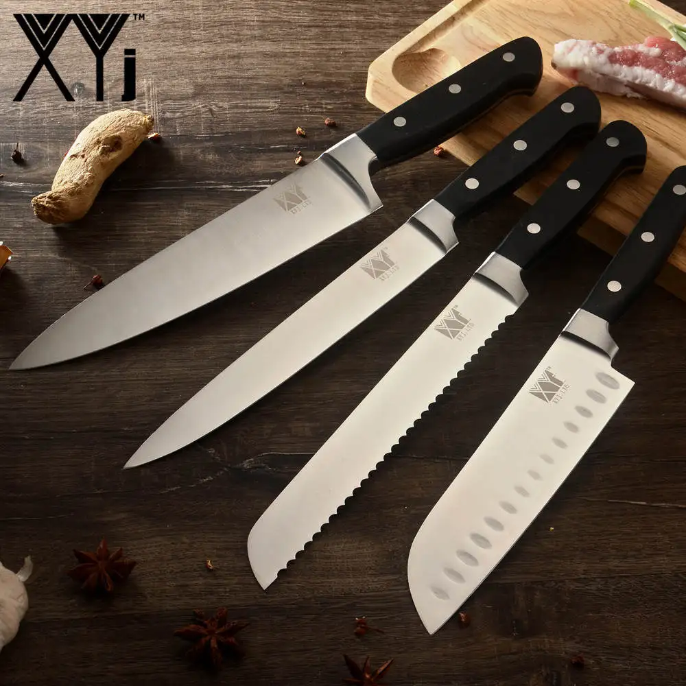 D.4PCS SET XYj 9 шт. набор кухонных ножей инструмент заточка для ножниц 8 ''подставка для ножей шеф-повара нож для нарезки хлеба Santoku нож для очистки овощей инструмент для приготовления пищи - Цвет: D.4PCS SET