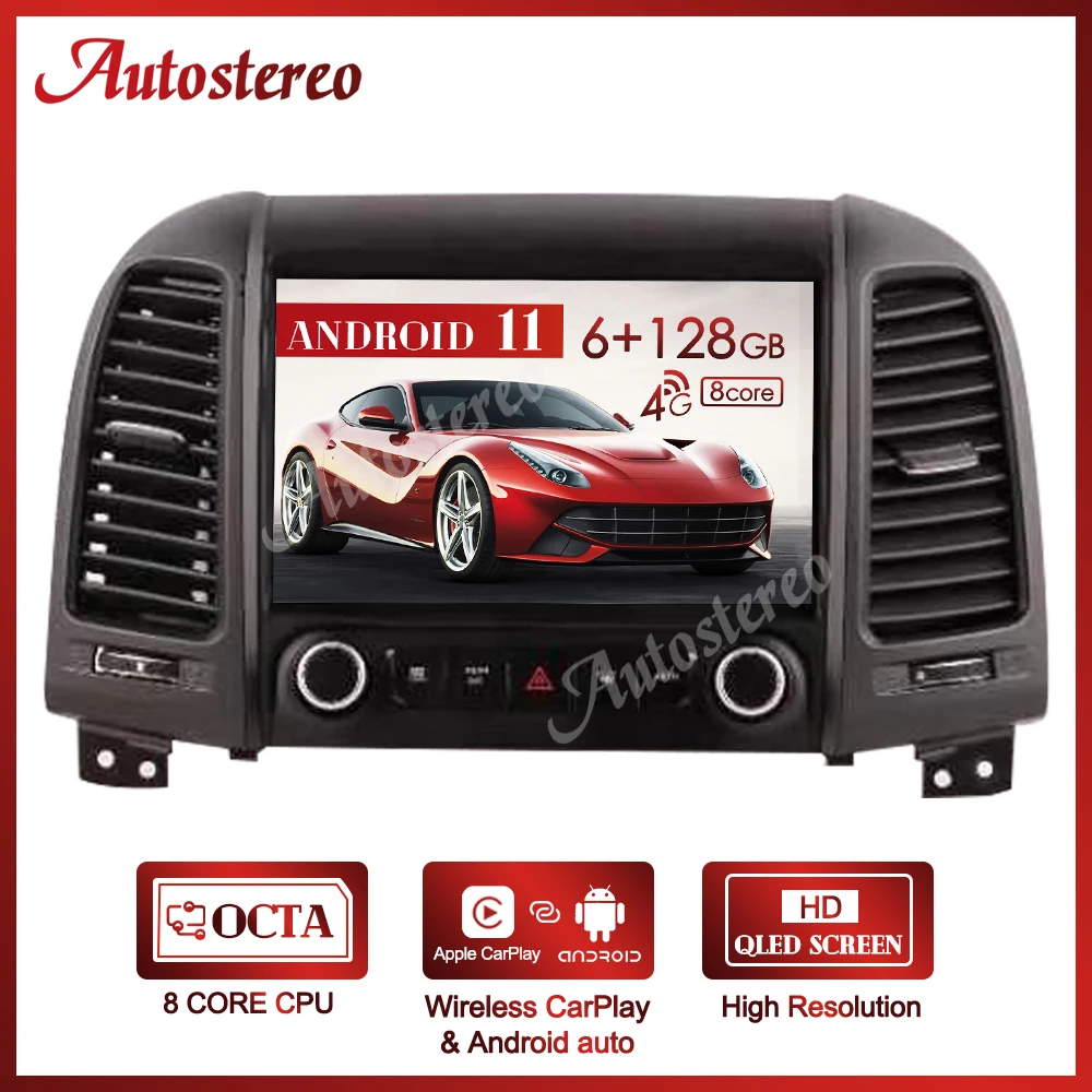 

9-дюймовый автомобильный DVD-плеер QLED для Hyundai Santa Fe 2012-2006, Android 11,0, 128 ГБ, GPS-навигация, автомобильное радио, стерео, мультимедийный плеер